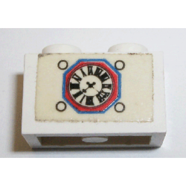 white brick 1 x 2 with vintage clock pattern sticker - set 294