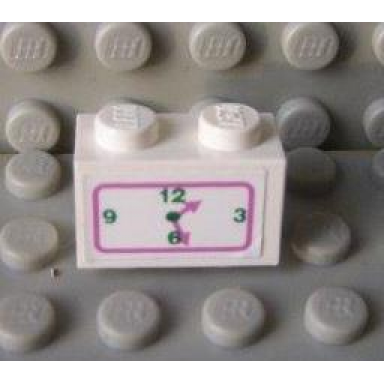 white brick 1 x 2 with dark pink and green clock pattern sticker - set 5895