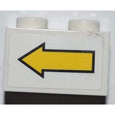 white brick 1 x 2 with yellow left arrow and black border pattern sticker - set 8186