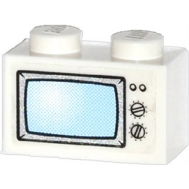 white brick 1 x 2 with blue tv screen 2 buttons and 2 knobs pattern sticker - set 60036