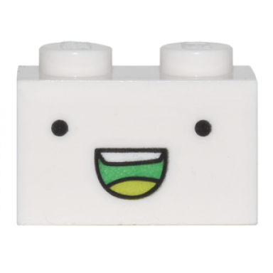 white brick 1 x 2 with black dot eyes and open mouth smile with teeth and lime tongue pattern adventure time bmo face