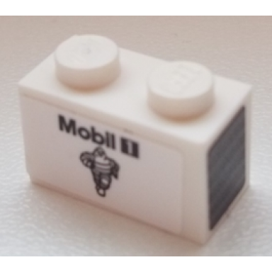 white brick 1 x 2 with mobil 1 and michelin logo on side and silver grille on black background on end pattern model left side stickers - set 75876