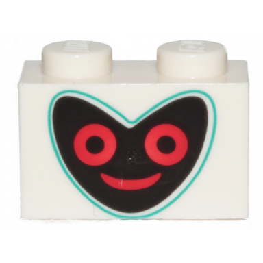 white brick 1 x 2 with black heart shape face with dark turquoise outline and red eyes and mouth pattern