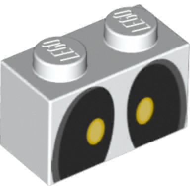 white brick 1 x 2 with large black eyes looking straight with bright light yellow pupils pattern super mario dry bones