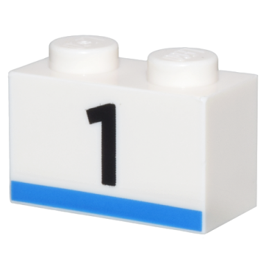 white brick 1 x 2 with black number 1 and blue stripe pattern