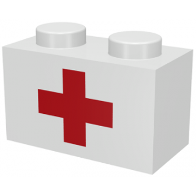 white brick 1 x 2 with red cross pattern - surface print