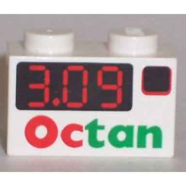 white brick 1 x 2 with red digital 3.09 on black rectangle octan logo pattern