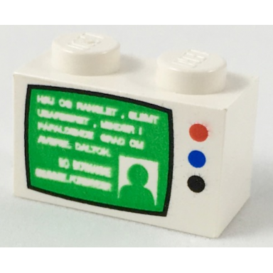 white brick 1 x 2 with green tv screen and red blue and black buttons pattern