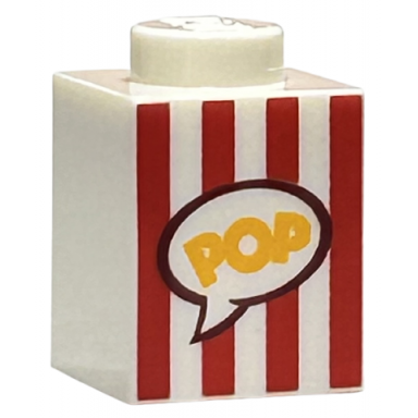 white brick 1 x 1 with red vertical stripes and yellow pop in speech bubble pattern popcorn box