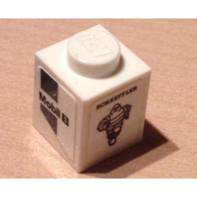 white brick 1 x 1 with mobil 1 and dark bluish gray markings and schaeffler with michelin logo pattern model left side stickers - set 75876