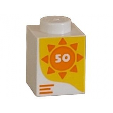white brick 1 x 1 with number 50 in orange sun on yellow background pattern