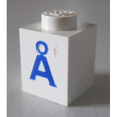 white brick 1 x 1 with blue capital letter a with ring ã pattern