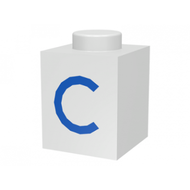 white brick 1 x 1 with blue capital letter c pattern