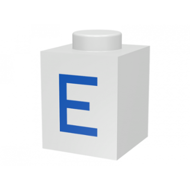 white brick 1 x 1 with blue capital letter e pattern
