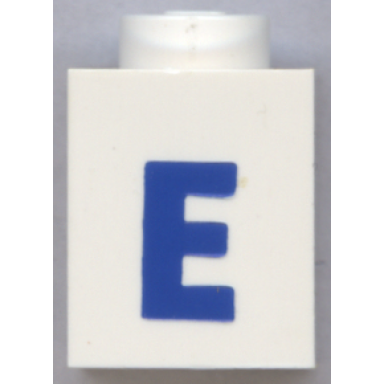white brick 1 x 1 with blue capital letter e pattern bold font