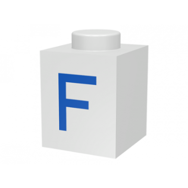 white brick 1 x 1 with blue capital letter f pattern