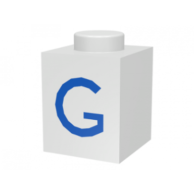 white brick 1 x 1 with blue capital letter g pattern