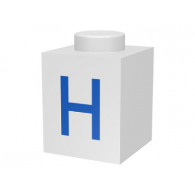 white brick 1 x 1 with blue capital letter h pattern