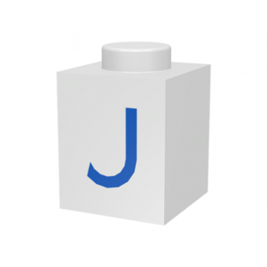 white brick 1 x 1 with blue capital letter j pattern