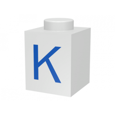white brick 1 x 1 with blue capital letter k pattern