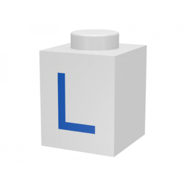 white brick 1 x 1 with blue capital letter l pattern