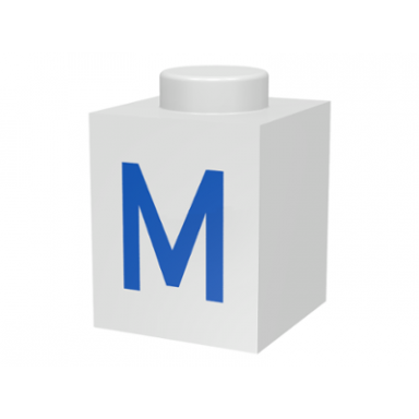 white brick 1 x 1 with blue capital letter m pattern