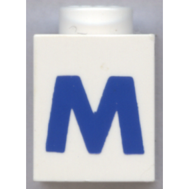 white brick 1 x 1 with blue capital letter m pattern bold font