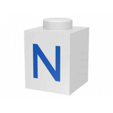 white brick 1 x 1 with blue capital letter n pattern