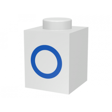 white brick 1 x 1 with blue capital letter o pattern