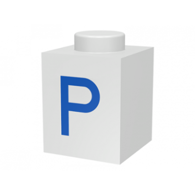 white brick 1 x 1 with blue capital letter p pattern