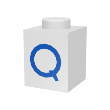 white brick 1 x 1 with blue capital letter q pattern