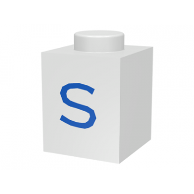 white brick 1 x 1 with blue capital letter s pattern