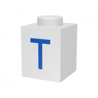 white brick 1 x 1 with blue capital letter t pattern