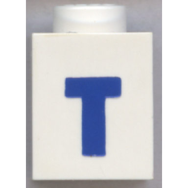 white brick 1 x 1 with blue capital letter t pattern bold font