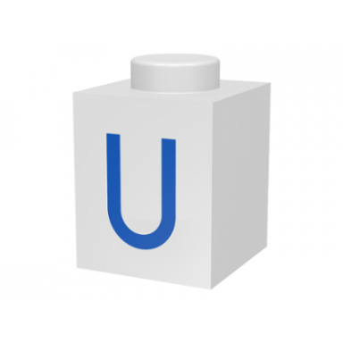 white brick 1 x 1 with blue capital letter u pattern