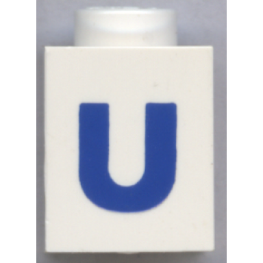 white brick 1 x 1 with blue capital letter u pattern bold font