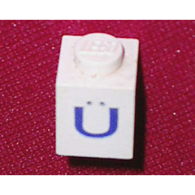 white brick 1 x 1 with blue capital letter u with diaeresis ã pattern