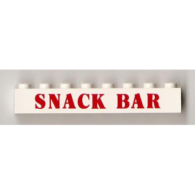 white brick 1 x 8 with red snack bar pattern - surface print