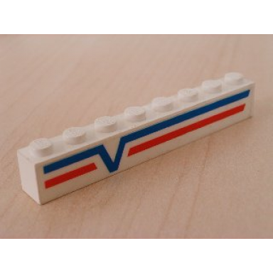 white brick 1 x 8 with blue -v- and red lines left pattern sticker - set 6346