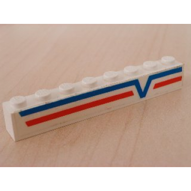 white brick 1 x 8 with blue -v- and red lines right pattern sticker - set 6346
