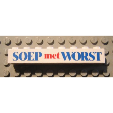 white brick 1 x 8 with blue and red soep met worst text pattern sticker - set 1592-2