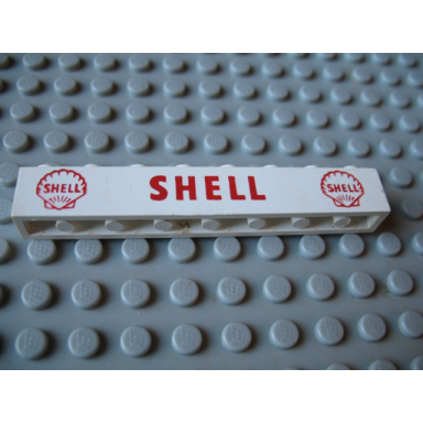 white brick 1 x 8 with red shell text and 2 red shell logos pattern