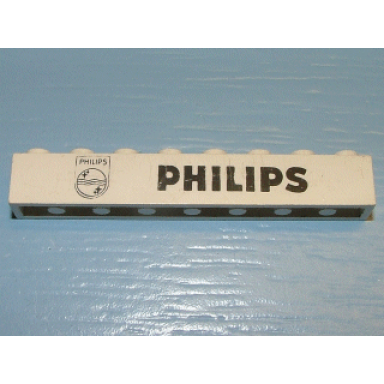 white brick 1 x 8 with black philips logo and text pattern