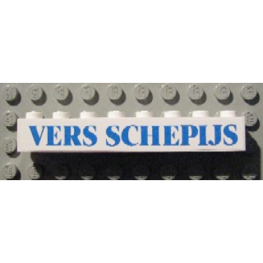 white brick 1 x 8 with blue vers schepijs text pattern sticker - set 1592 dutch version