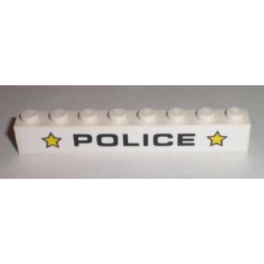 white brick 1 x 8 with black police and yellow stars pattern sticker - set 8211