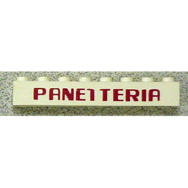 white brick 1 x 8 with red panetteria computer type font pattern