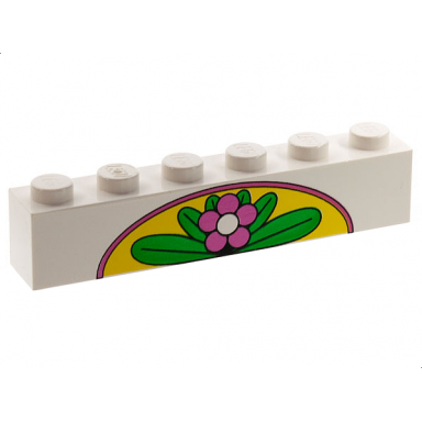 white brick 1 x 6 with dark pink flower and green leaves on yellow arch pattern