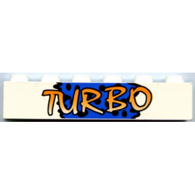 white brick 1 x 6 with yellow turbo on blue background and black spots pattern