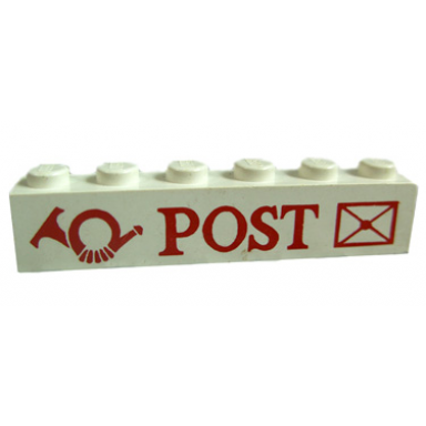 white brick 1 x 6 with red post horn and envelope pattern