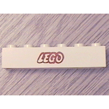 white brick 1 x 6 with lego logo open o style red outline pattern